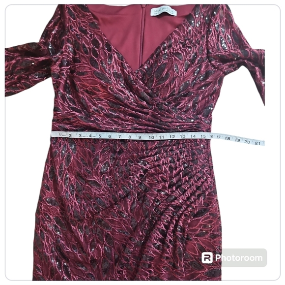 Mac Duggal Maxi Dress Ruched Embroidery Lace Sequin Faux Wrap Long Sleeves Gown - Picture 10 of 15